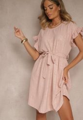 Ciemnoróżowa Sukienka z Paskiem i Falbankami przy Rękawach Folunelle. Czerwone sukienki damskie Renee, na co dzień, bez wzorów, eleganckie, bez kołnierzyka, bez ramiączek, mini. Za 89.99 zł.