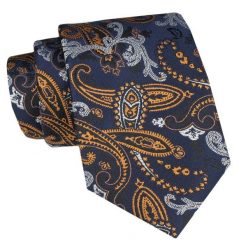 Klasyczny Krawat Męski - ALTIES - Granat, Złote Paisley. Niebieskie krawaty i muchy męskie Alties, bez wzorów, z tkaniny, eleganckie. Za 49.00 zł.