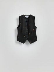 Garniturowa kamizelka z haftem - ciemnoszary. Szare kamizelki damskie Reserved, l, z tkaniny. W wyprzedaży za 69.99 zł.