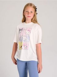 Bawełniana koszulka z nadrukiem Hello Kitty - kremowy. Białe koszulki dziewczęce Sinsay, l, bez wzorów, z bawełny, bez ramiączek. Za 19.99 zł.