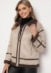 Beżowa Kurtka z Imitacji Zamszu z Kołnierzykiem i Futerkiem Belninnia. Brązowe kurtki damskie Born2be, l, bez wzorów, z jeansu, bez kaptura. Za 119.99 zł.