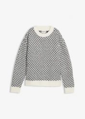 Ciepły sweter z wełną. Czarne swetry klasyczne damskie bonprix, prążkowane, bez kołnierzyka. Za 124.99 zł.