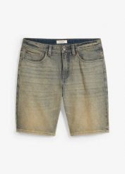 Bermudy dżinsowe z elastycznego materiału, dirty washed, regular fit. Niebieskie szorty męskie bonprix, bez wzorów, z jeansu. Za 47.99 zł.