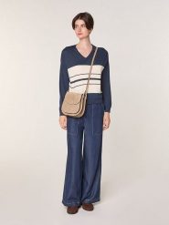 Rodier Wełniany sweter w kolorze granatowo-kremowym rozmiar: S. Brązowe swetry klasyczne damskie Rodier, s, z wełny, bez kołnierzyka. Za 252.99 zł.