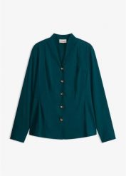 Bluzka z popeliny ze stretchem, niewymagająca prasowania. Niebieskie bluzki damskie bonprix, bez wzorów, eleganckie, bez kołnierzyka, bez ramiączek. Za 129.99 zł.