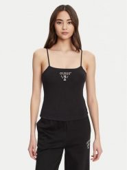 Guess Top V5RP08 KCOA2 Czarny Regular Fit. Czarne topy damskie Guess, xl, z aplikacjami, z wiskozy, bez kołnierzyka. Za 129.99 zł.