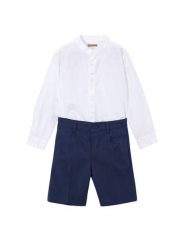Mayoral Komplet koszula i szorty materiałowe 3216 Granatowy Regular Fit. Niebieskie koszule chłopięce Mayoral, bez wzorów, z bawełny, bez kołnierzyka, bez ramiączek. Za 199.99 zł.