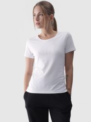 4F T-shirt slim z nadrukiem damski - biały M. Białe t-shirty damskie 4f, m, bez wzorów, z bawełny, bez kołnierzyka. Za 59.99 zł.