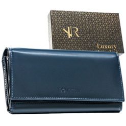 Duży, pojemny portfel damski ze skóry naturalnej w granatowym kolorze, wyposażony w system RFID - Rovicky. Portfele damskie bez wzorów, ze skóry. Za 64.01 zł.