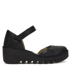 Półbuty Fly London. Czarne półbuty damskie Fly London, bez wzorów, bez obcasa, na koturnie. Za 547.99 zł.