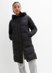 Płaszcz puchowy na podszewce z nadrukiem, z odpychającego wodę materiału. Czarne płaszcze damskie bonprix, bez wzorów, z puchu. Za 489.99 zł.