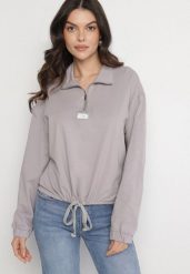 Szara Bluza z Bawełną i Suwakiem Ściągana Sznurkami Felasa. Szare bluzy bez kaptura damskie Born2be, l, z bawełny. Za 59.99 zł.