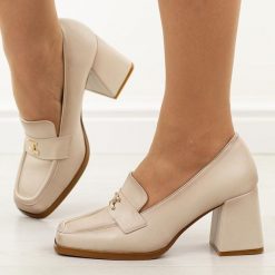 Beżowe półbuty damskie na słupku Potocki 12783. Czarne półbuty damskie POTOCKI, z aplikacjami, z materiału, biznesowe, bez obcasa, na obcasie. Za 189.00 zł.