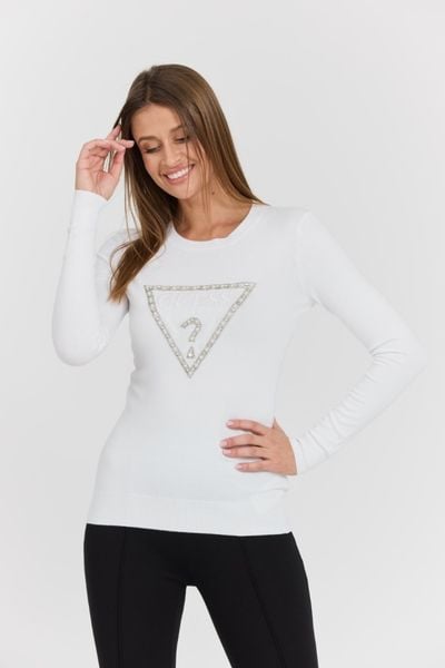 GUESS Biały damski sweter Rylie Triangle z dużym logo, Rozmiar S. Białe swetry klasyczne damskie Guess, s, z elastanu, bez kołnierzyka. W wyprzedaży za 306.99 zł.