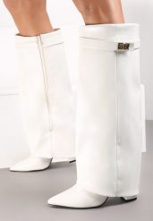 Białe Kozaki z Szeroką Cholewką i Szpiczastym Noskiem Sumehra. Białe kozaki damskie Renee, z jeansu, ze szpiczastym noskiem, przed kolano, bez obcasa, na obcasie. Za 169.99 zł.