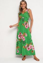 Zielona Rozkloszowana Sukienka w Kwiaty z Wiązaniami na Ramionach Saloa. Zielone sukienki damskie Born2be, na co dzień, m, z aplikacjami, z jeansu, eleganckie, bez kołnierzyka, bez ramiączek, maxi, proste. W wyprzedaży za 31.99 zł.