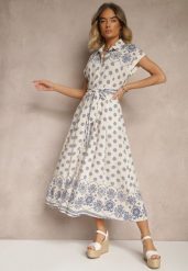 Beżowo-Niebieska Wiskozowa Sukienka w Kwiaty o Koszulowym Kroju z Wiązanym Paskiem Iffiana. Niebieskie sukienki damskie Renee, na imprezę, na lato, l, bez wzorów, z wiskozy, eleganckie, bez kołnierzyka, bez ramiączek, midi, koszulowe. Za 139.99 zł.