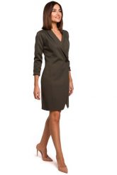 Khaki Elegancka Żakietowa Sukienka na Jeden Guzik. Brązowe sukienki damskie MOE, l, bez wzorów, z elastanu, eleganckie, bez kołnierzyka, bez ramiączek. Za 273.90 zł.