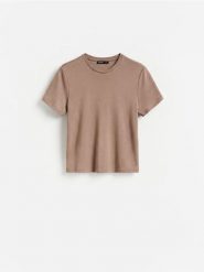 T-shirt z wiskozą - brązowy. Brązowe t-shirty damskie Reserved, l, bez wzorów, z dzianiny, bez kołnierzyka. Za 79.99 zł.