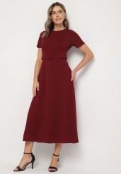 Bordowa Rozkloszowana Sukienka Ozdobiona Paskiem Desianna. Czerwone sukienki damskie Born2be, na co dzień, m, bez wzorów, eleganckie, bez kołnierzyka, bez ramiączek, maxi, rozkloszowane. W wyprzedaży za 87.99 zł.