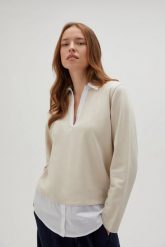 Bluza z kołnierzykiem beżowa. Brązowe bluzy bez kaptura damskie MOODO, l, z bawełny. W wyprzedaży za 49.99 zł.