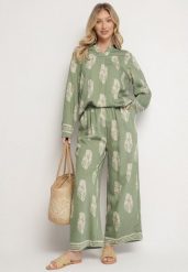 Zielony Komplet w Stylu Boho Oversize Długa Koszula i Luźne Spodnie Meppina. Zielone koszule damskie Born2be, bez wzorów, boho. Za 119.99 zł.