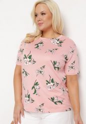 Różowy T-shirt Koszulka z Krótkim Rękawem w Kwiaty Henubia. Czerwone bluzki damskie Born2be, l, bez wzorów, z materiału, eleganckie, bez kołnierzyka, plus size, bez ramiączek. Za 29.99 zł.