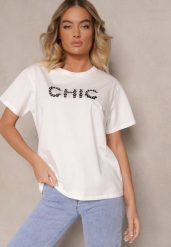 Biały T-shirt z Bawełny Ozdobiony Perełkami i Napisem Naloreth. Białe t-shirty damskie Renee, m, bez wzorów, z bawełny, bez kołnierzyka. Za 34.99 zł.