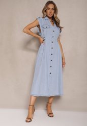 Jasnoniebieska Rozkloszowana Sukienka Jeansowa z Bawełny o Koszulowym Kroju Sepilie. Niebieskie sukienki damskie Renee, na spotkanie biznesowe, l, bez wzorów, z bawełny, eleganckie, bez kołnierzyka, bez ramiączek, koszulowe. W wyprzedaży za 167.99 zł.