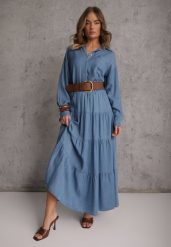 Niebieska Spódnica Rozkloszowana z Lyocellu High Waist Ozdobiona Falbanami Ravienne. Niebieskie spódniczki damskie Renee, na lato, bez wzorów, z lyocellu, z podwyższonym stanem, maxi, dopasowane. Za 89.99 zł.