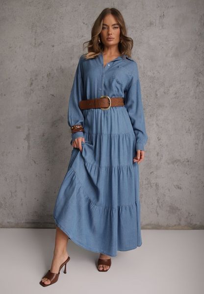 Niebieska Spódnica Rozkloszowana z Lyocellu High Waist Ozdobiona Falbanami Ravienne. Niebieskie spódniczki damskie Renee, na lato, bez wzorów, z lyocellu, z podwyższonym stanem, maxi, dopasowane. Za 89.99 zł.