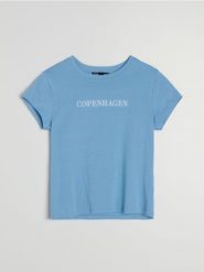 Bawełniana koszulka z haftowanym napisem - niebieski. Niebieskie t-shirty damskie Sinsay, l, bez wzorów, z bawełny, bez kołnierzyka. Za 19.99 zł.