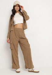 Jasnobrązowy Komplet Dresowy w Stylu Cargo Bluza ze Stójką i Szerokie Spodnie Arritarra. Brązowe bluzy bez kaptura damskie Born2be, m, z dresówki. Za 84.99 zł.