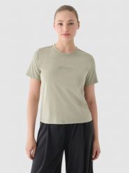 4F T-shirt regular z nadrukiem damski - oliwkowy/khaki M. Brązowe t-shirty damskie 4f, m, bez wzorów, z bawełny, bez kołnierzyka. W wyprzedaży za 29.99 zł.