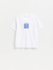 T-shirt regular z bawełny merceryzowanej - biały. Białe t-shirty męskie Reserved, l, bez wzorów, z bawełny, bez kołnierzyka. Za 69.99 zł.
