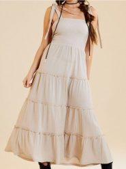 Sukienka maxi z efektem stopniowania - kremowy. Białe sukienki damskie Sinsay, l, bez wzorów, boho, bez kołnierzyka, bez ramiączek, maxi. Za 59.99 zł.