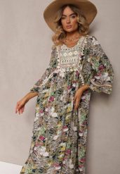 Beżowo-Granatowa Sukienka Boho z Wiskozy Ozdobiona Ażurową Koronką i Chwostami Giorna. Brązowe sukienki damskie Renee, na lato, xl, w ażurowe wzory, z koronki, boho, bez kołnierzyka, bez ramiączek, maxi. W wyprzedaży za 59.49 zł.