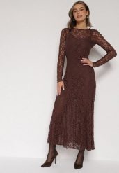 Brązowa Koronkowa Sukienka Taliowana z Odkrytymi Plecami Talifera. Brązowe sukienki damskie Born2be, s, bez wzorów, z koronki, eleganckie, bez kołnierzyka, bez ramiączek, maxi. Za 159.99 zł.