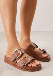 Brązowe Klapki z Metalicznymi Klamrami Aetheta. Brązowe klapki damskie Renee, bez wzorów, bez obcasa, na płaskiej podeszwie. Za 79.99 zł.