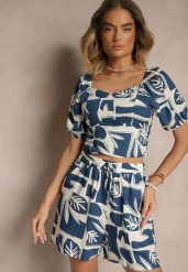 Granatowy Wiskozowy Komplet w Roślinny Wzór Szorty i Bluzka Felindera. Niebieskie szorty damskie Renee, bez wzorów, z wiskozy, eleganckie. Za 49.99 zł.