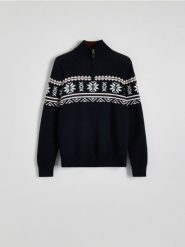 Sweter z rozpinanym golfem - granatowy. Niebieskie swetry męskie Reserved, l, bez wzorów, z bawełny, bez kołnierzyka. W wyprzedaży za 59.99 zł.