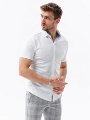 Koszula męska dzianinowa z krótkim rękawem - biała V1 - Rozmiar: XXL. Białe koszule męskie Ombre Clothing, m, bez wzorów, z dzianiny, bez kołnierzyka, bez ramiączek. W wyprzedaży za 49.99 zł.
