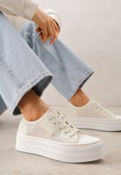 Beżowe Ażurowe Trampki na Platformie Irivana. Brązowe trampki i tenisówki damskie Renee, w ażurowe wzory, z jeansu. Za 79.99 zł.