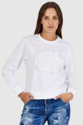 GUESS Biała bluza damska z literką g obszytą płatkami. Białe bluzy bez kaptura damskie Guess, s, z bawełny. W wyprzedaży za 249.99 zł.