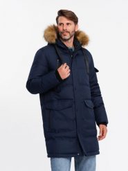 Długa ciepła kurtka męska z kapturem typu parka – granatowa V1 OM-JALJ-0182 - XXL. Niebieskie kurtki męskie Ombre Clothing, l, z aplikacjami, z materiału. W wyprzedaży za 239.99 zł.