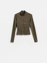 Bluza ze stójką - ciemnozielony. Zielone bluzy bez kaptura damskie Reserved, l, z dzianiny. Za 99.99 zł.