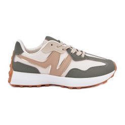 Buty Sportowe Sneakersy Damskie Beżowo-Zielone beżowy. Brązowe buty sportowe na co dzień damskie bez wzorów, ze skóry. Za 146.62 zł.