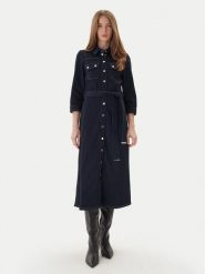 Morgan Sukienka jeansowa 252-RJEANA Granatowy Regular Fit. Niebieskie sukienki damskie Morgan, bez wzorów, z bawełny, bez kołnierzyka, bez ramiączek, koszulowe. Za 489.99 zł.