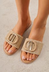 Beżowe Plecione Klapki na Płaskiej Podeszwie Zdobione Metaliczną Aplikacją Rhelana. Brązowe klapki damskie Renee, z aplikacjami, bez obcasa, na płaskiej podeszwie. Za 79.99 zł.
