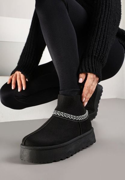 Czarne Śniegowce na Platformie ze Skarpetową Cholewką Erevelis. Czarne śniegowce damskie Renee, z futra. Za 69.99 zł.